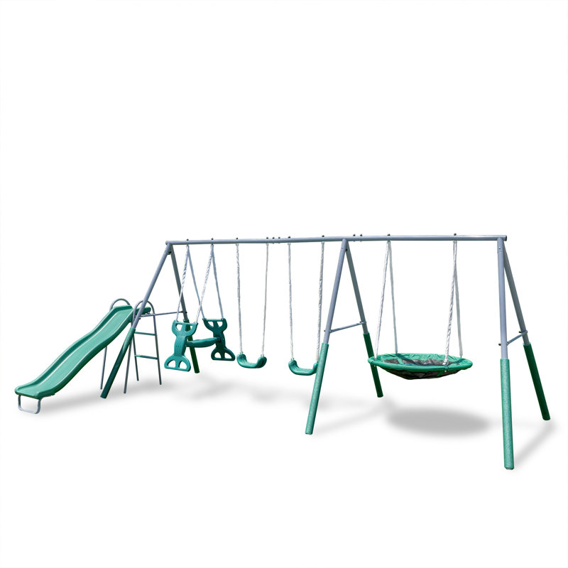 Rochester Green Metal Swing Set with Slide and Glider