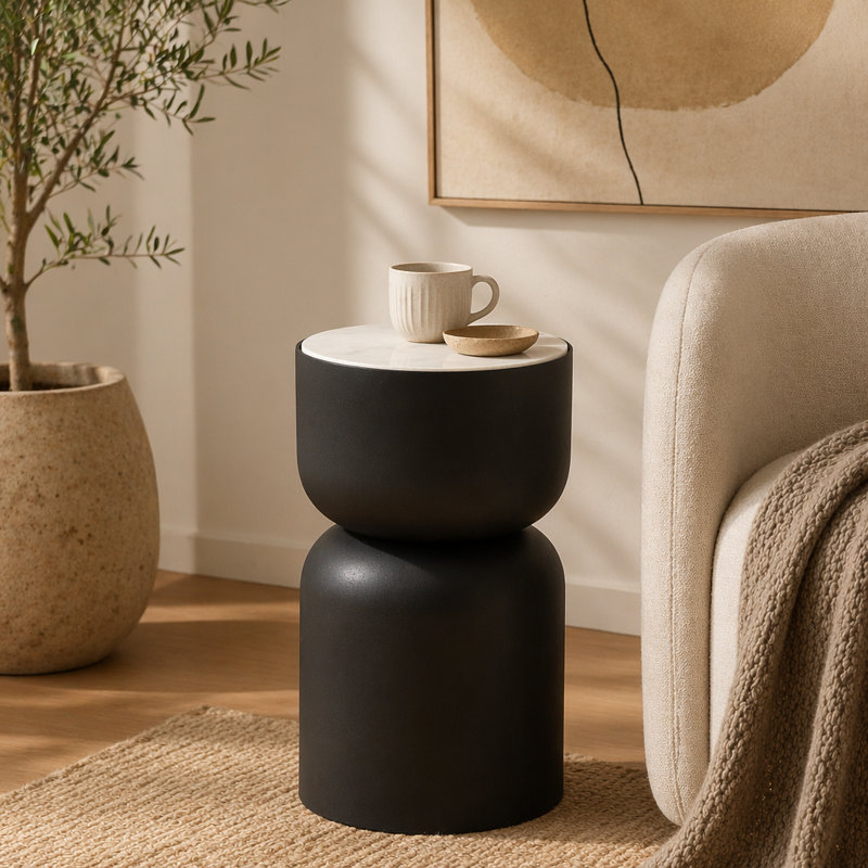 Modern Side Table with White Marble Top & Black Metal Frame