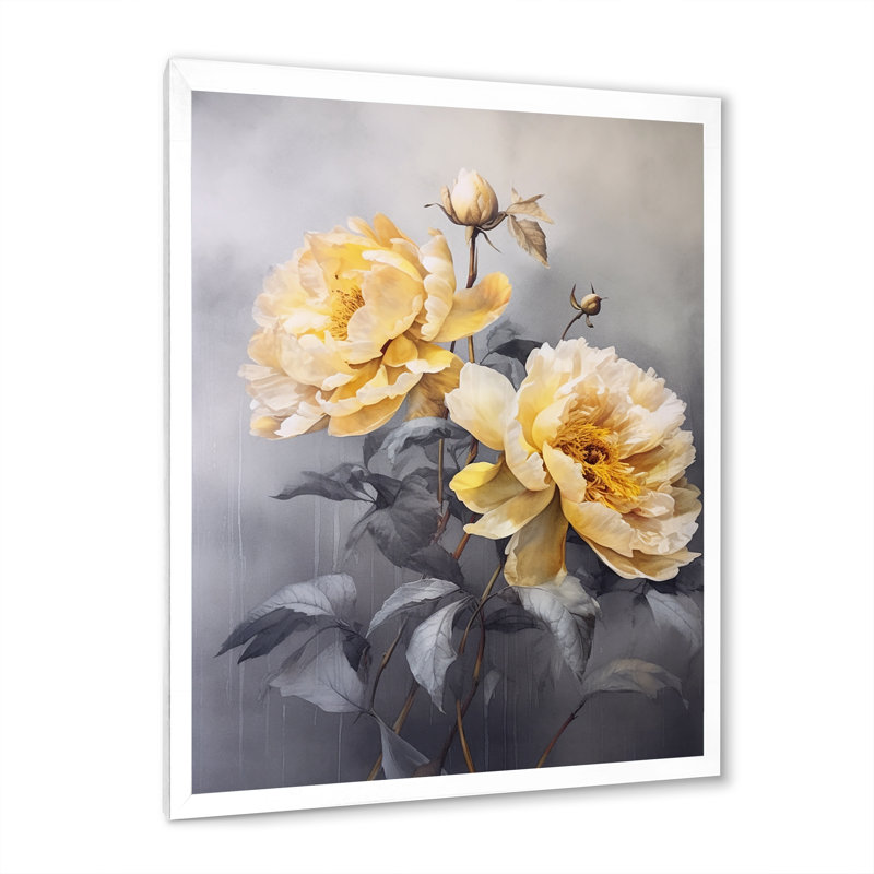 Pivoine jaune jaune sérénité - reproduction sur toile, H 44 po x l 34 po x P 1,5 po, Cadre simple blanc