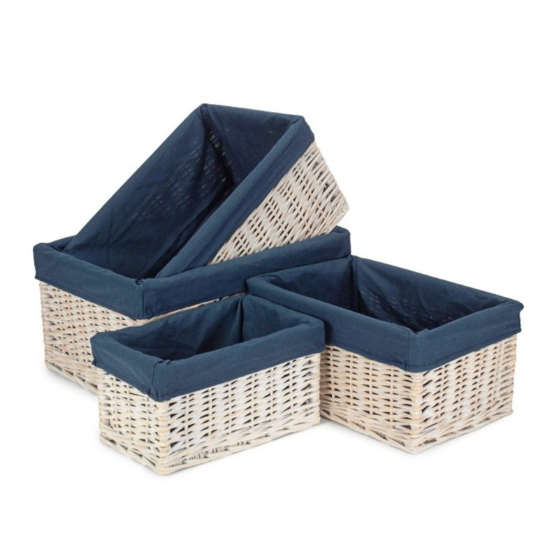 Set of 4 Navy Lined Open Storage Baskets, White