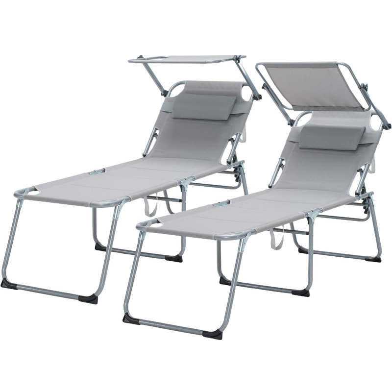 Folding Patio Lounge Chair with Canopy, Adjustable Reclining Backrest & Breathable Mesh Seat (Set of 2)