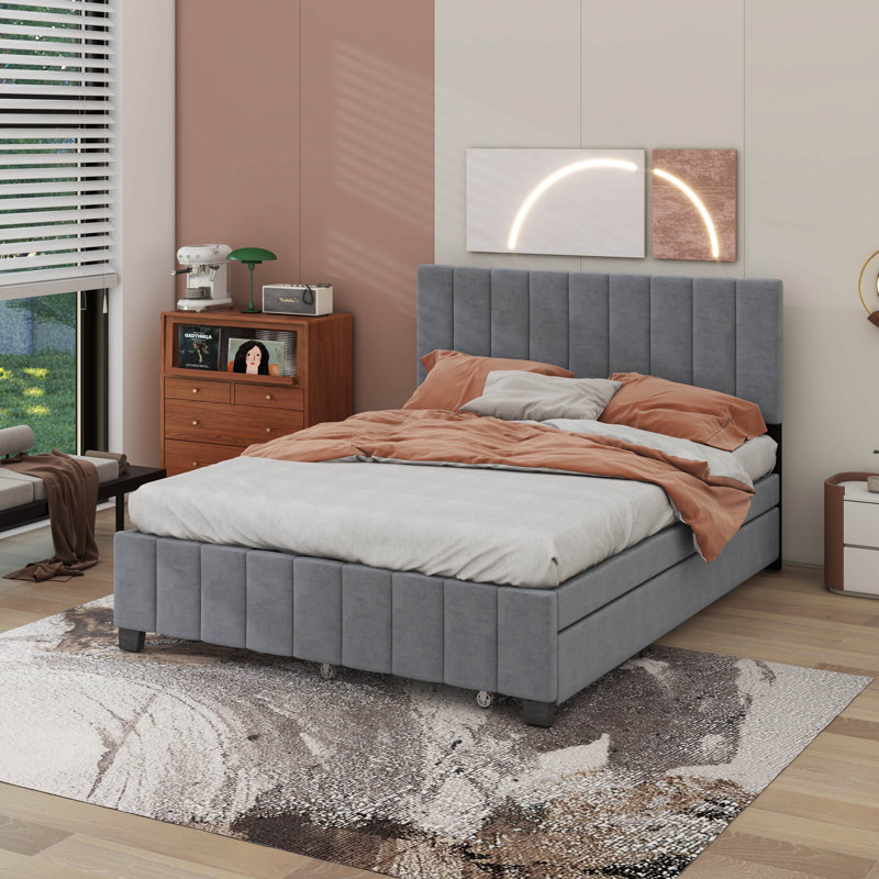 Lamprini Upholstered Velvet Standard Bed with Drawers, Gray
