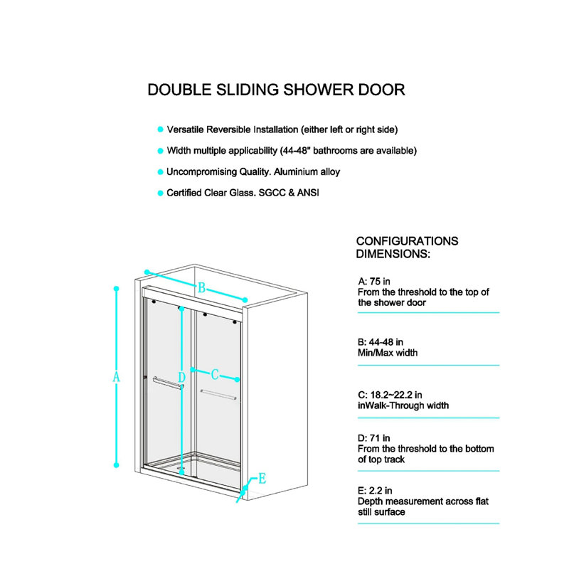 44-48"W X 75"H Double Sliding Shower Door, Aluminium Alloy Frame In Matte Black, 5/16" (8Mm) Thick SGCC Tempered Clear Glass.