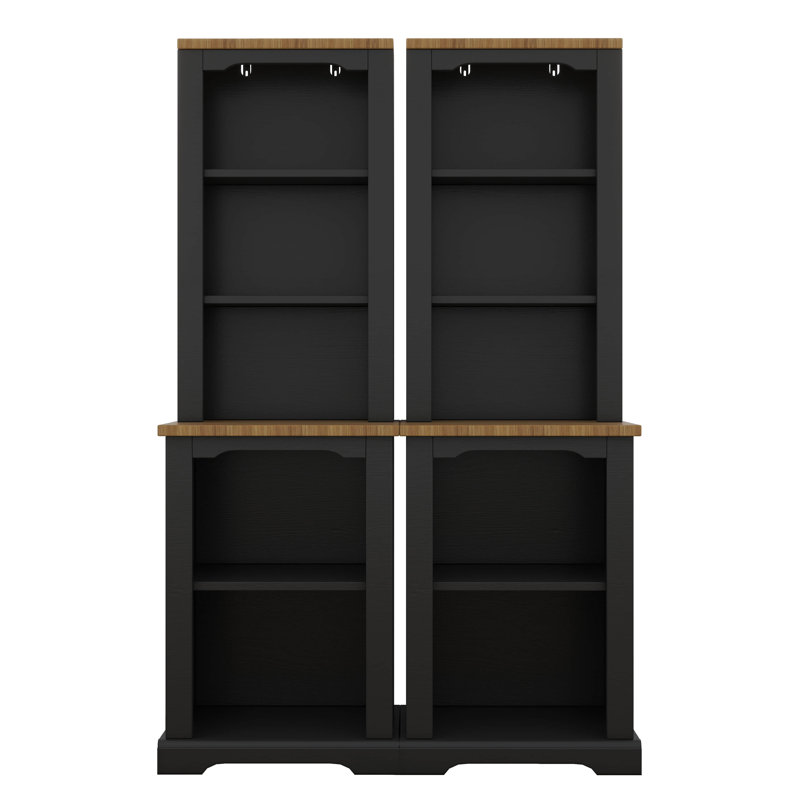 Tall Cabinet Bookcase With Open Shelves And Two-Tone Wood Top, Two-Piece Display Bookcase With Anti-Tip Device, Black