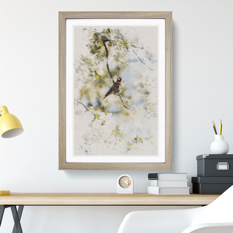 Goldfinch Bird in a Cherry Tree - Picture Frame Painting, 65cm H x 48cm W x 2cm D, Oak Framed