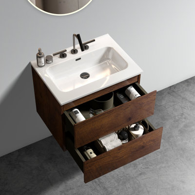 Meuble-lavabo en noyer avec lavabo en céramique 24 po - Meuble-lavabo moderne, spacieux, silencieux et élégant