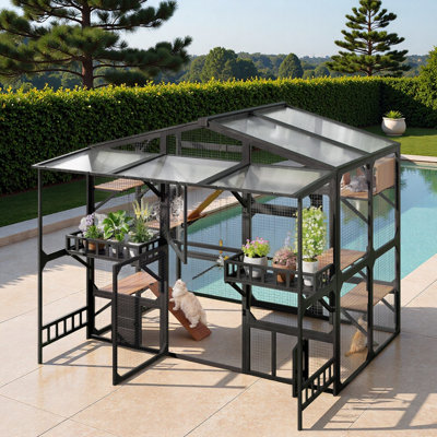 Large Outdoor Catio With 6 Jumping Platforms, 2 Climbing Ramps, Fun Suspension Bridge, Sleeping House, Scratching Post, Hanging Plush Ball Toy, Weatherproof Roof And Storage Shelves