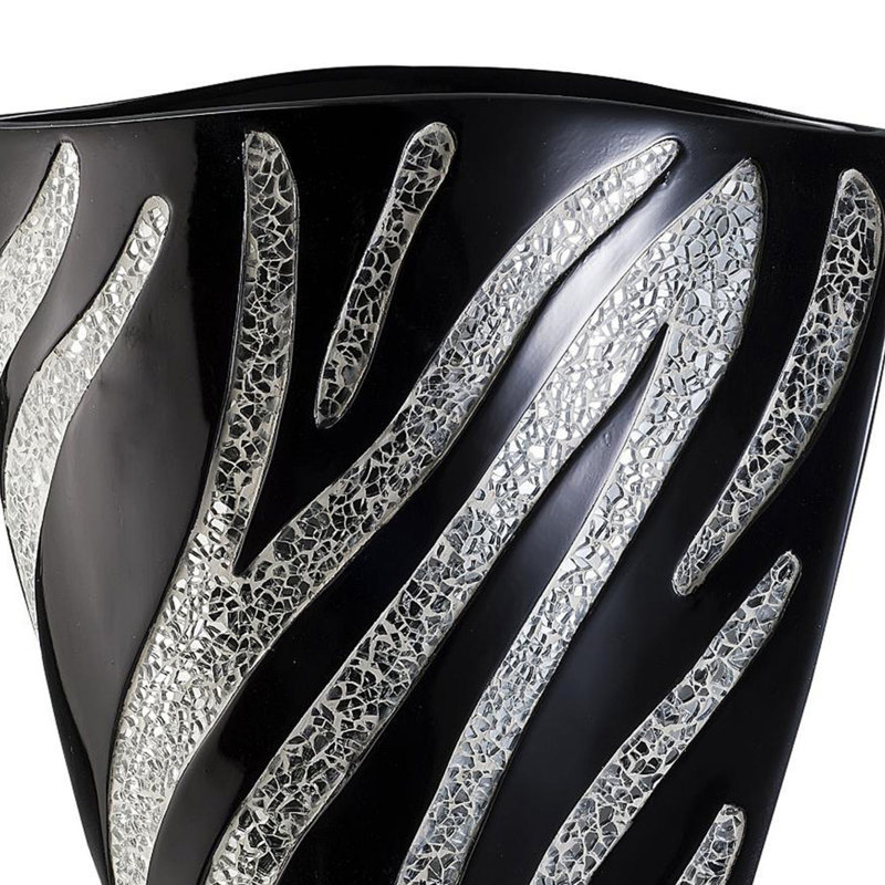 14" Tall Polyresin Decorative Vase, Black Finish With Silver Zebra Pattern