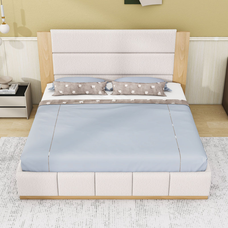 Lit plateforme tapissier avec tête de lit et pieds centraux, Blanc, Très grand lit