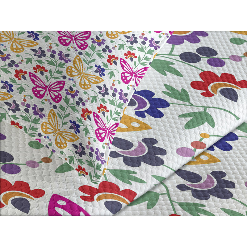 Ambesonne Spring Bedspread Set Vibrant Summer Blooms Multicolor, King Coverlet/Bedspread + 2 Standard Shams