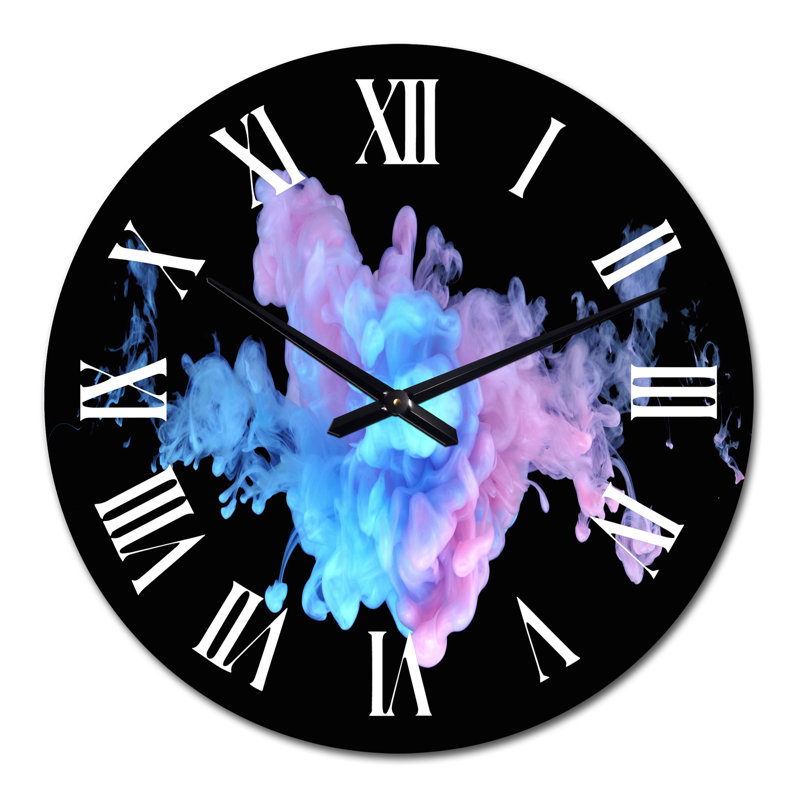 Mauve et bleu nuages d'encre sur fond noir - horloge murale moderne, Grand