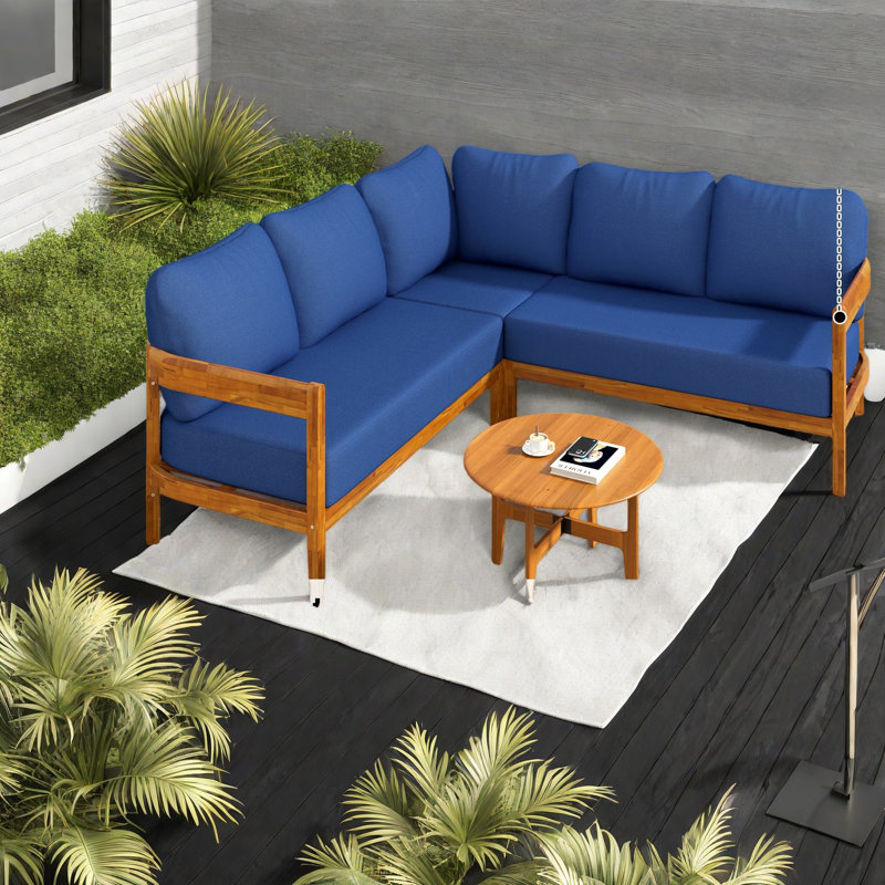 Canapés de patio spacieux, ensemble en L en bois d'acacia moderne pour patio