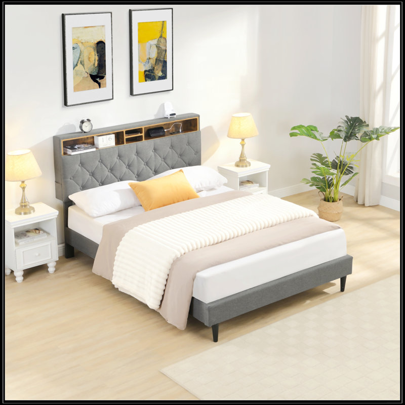 Grand lit plateforme tapissier, Gris foncé