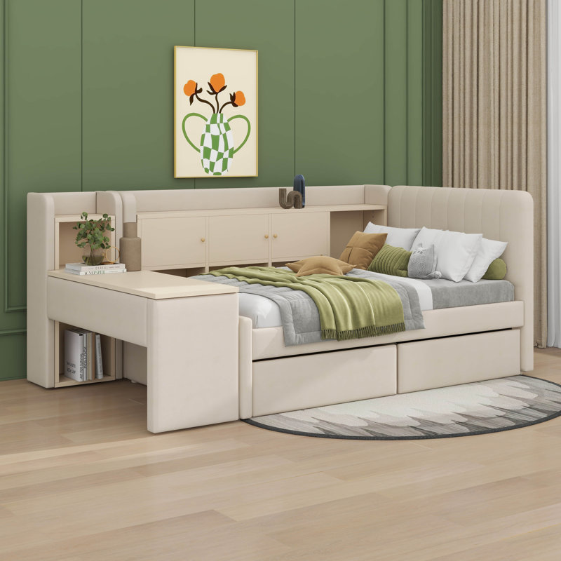 Upholstered Twin Size Daybed With Desk Integrated 2-Shelf, L-Shaped Day Bed With Drawers And Bookshelf, Beige
