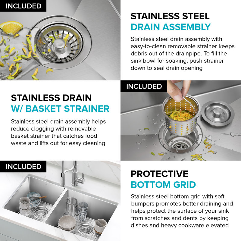 KRAUS Standart Pro Undermount 16 Gauge Stainless Steel Bar Kitchen Sink, 10"H x 19"W x 32.75"L, Large Bowl on Right