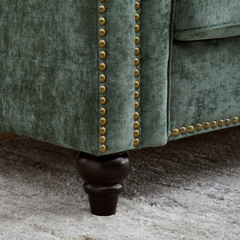 Gillianne 85.62" Chenille Rolled Arm Chesterfield Sofa With Nailhead, Emerald Green