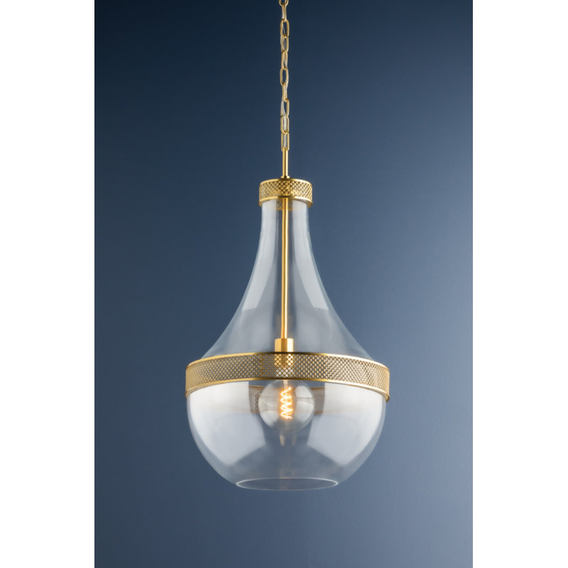 Luminaire suspendu en forme de goutte unique à 1 lumière Twain, Laiton vieilli, H 32 po x l 17,5 po x P 17,5 po