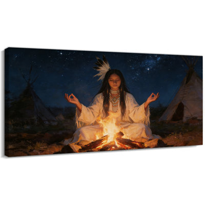 Native American Canvas Wall Art, Indian Decor Campfire Meditation Painting, Canvas Prints, Ready to Hang, Feather Poster Print, Wrapped Framed Wall Artwork for Home Living Room Office Decorations, 12×24 Inches