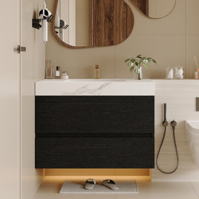 Meuble-lavabo flottant moderne 29,9 po avec comptoir en faux marbre et lavabo encastré en céramique, fixation murale pour petites salles de bain et appartements