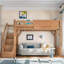 Lit mezzanine simple en bois massif avec garde-robe intégrée, rangement et tablettes à côté, garde-corps pleine longueur, escalier, aucun sommier requis, naturel profond-133491227-133491225