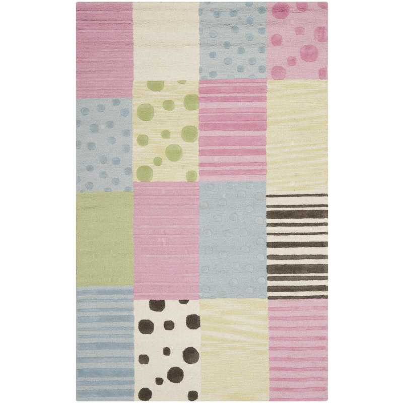 Tapis bleu / rose touffeté à la main à motif géométrique Kruetzen, Rectangle 2 pi x 3 pi