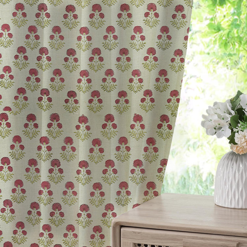 Soft, Bohemian Pure Linen Fabric with Blackout Pink and Brown Floral Handmade Block Print Room Darkening Pinch Pleated Curtains, Window Hook Drapes, Rishi