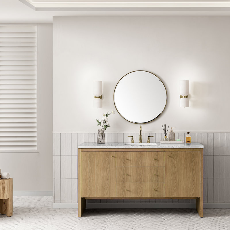 Hudson 60'' W Single Vanity, Eternal Jasmine Pearl, 8" Widespread, Light Natural Oak