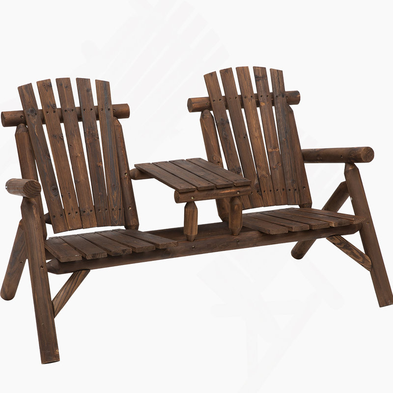 2-Seat Wooden Adirondack Chair With Table, Carbonized Outdoor Loveseat For Patio And Backyard