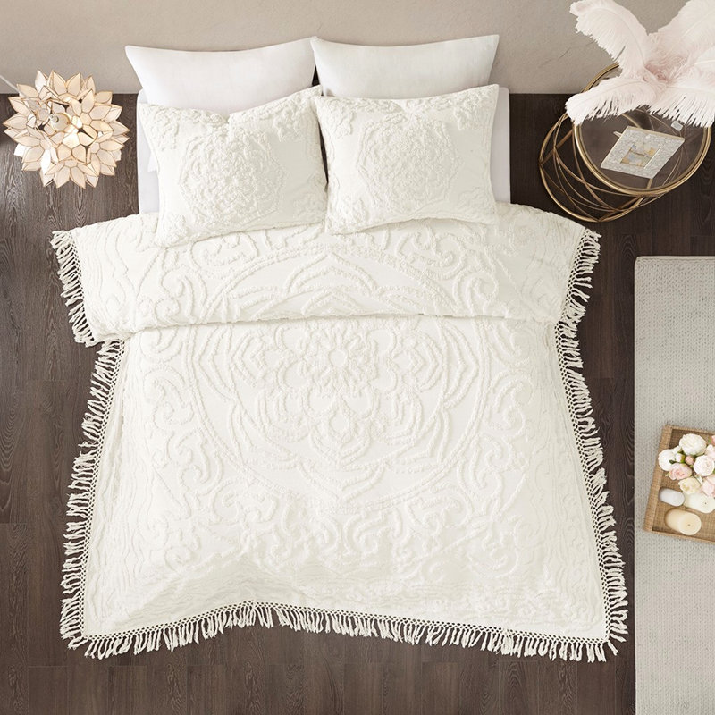 100% Cotton Chenille Medallion Bedspread - Full Bedroom Decor Bedding Coverlet Global Inspired, Full Coverlet + 2 Twin Shams