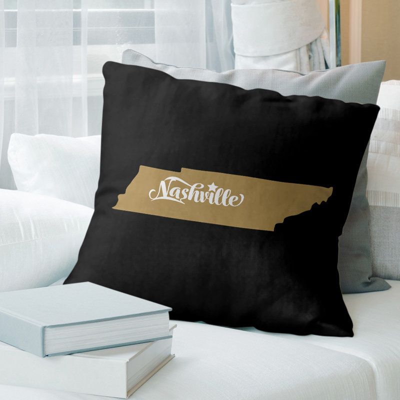 Cotton Blend Reversible Throw Pillow, Nashville, 14" x 14", Black/Gold