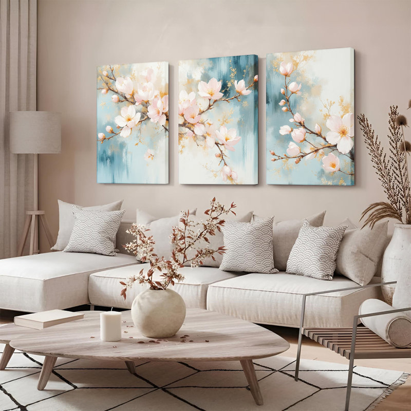 «Cherry Blossom», reproduction d'art sur toile, ensemble de 3 peintures à l'huile, H 30 po x l 60 po