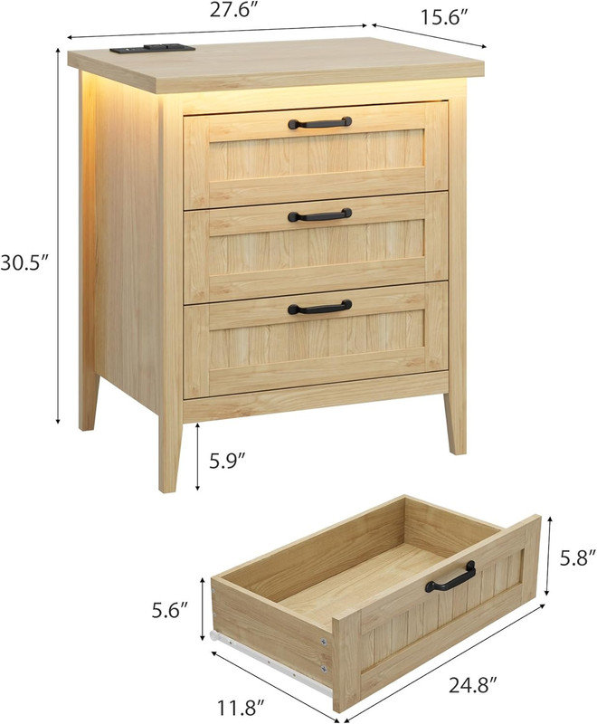 Commode 3 tiroirs avec prise de courant et lumière DEL RVB - Commode moderne avec station de charge pour chambre à coucher, salon, placard