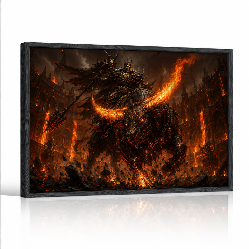 «Skeleton Warrior Ride Fiery Bull in Burning Halloween», art mural sur toile, H 36 po x l 48 po