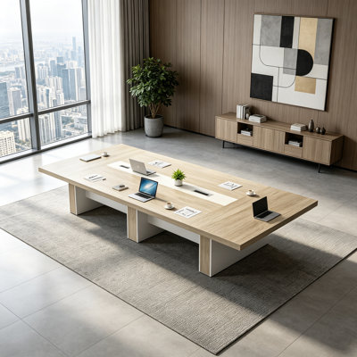Table de réunion de direction, grande table de conférence de 137,9 po avec gestion des câbles et panneau de modestie, table de réunion rectangulaire moderne pour le bureau