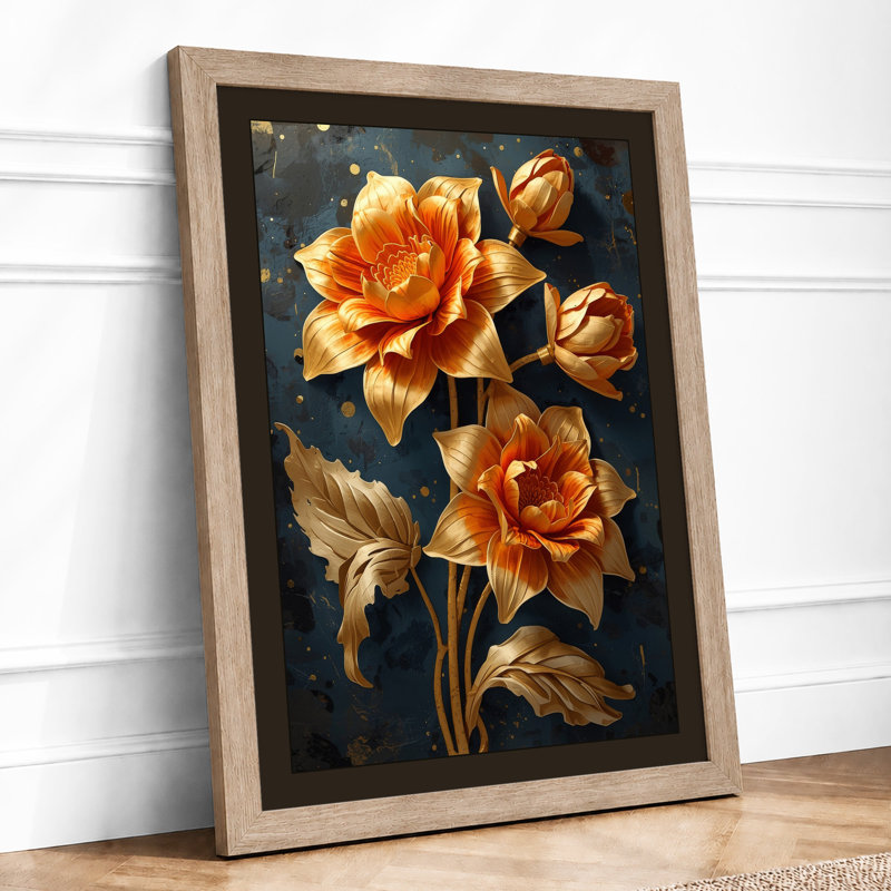Golden Roses Study Botanical - Framed Print, A2 - 59.4 x 42.0 cm, Oak