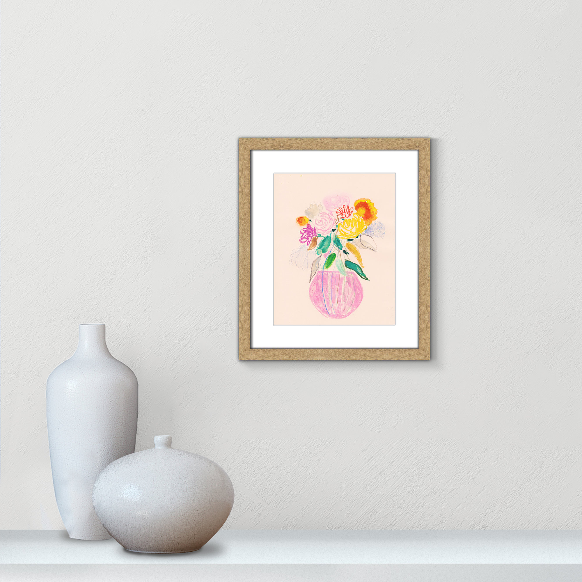 Simple Floral I Print by Bea Dina, 15" H x 13" W x 1.25" D, Natural Single Picture Framed Paper, White