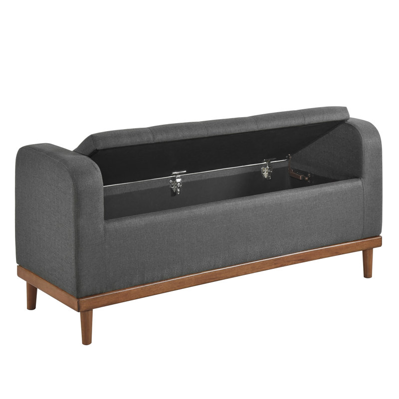 Banc de rangement pour chambre à coucher de style Mid-Century moderne, siège gris foncé, structure en bois massif, assise de 42 po de largeur, 50 po x 18,5 po et H 22,5 po