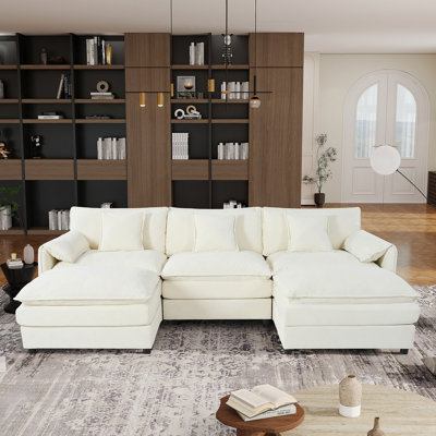 Modular Sectional Sofa With Oversized Deep Seats, 3-Seater U Shaped Couch Set, 2 Movable Ottomans, Chenille Fabric, Beige