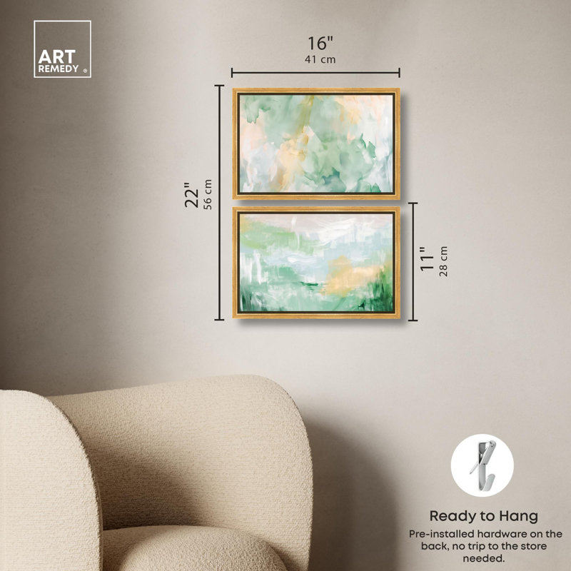 Double Green Set, ensemble de 2 toiles vertes et bleues par Art Remedy, H 10 po x l 15 po, Cadre flottant doré