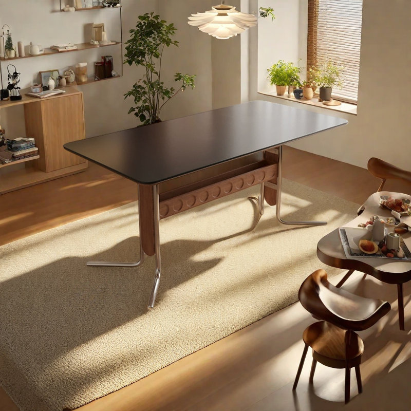Table de salle à manger en fritté avec tablette de rangement, Noir, H 29,5 po x L 70,8 po x l 35,4 po
