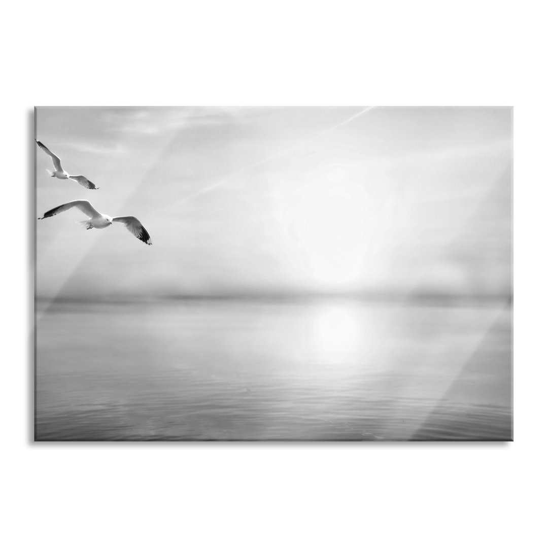 Glasbild | Wandbild Auf Echtglas | Möwen Am Meer Bei Sonnenaufgang | 2 Schwarz-Weiss LFy15044