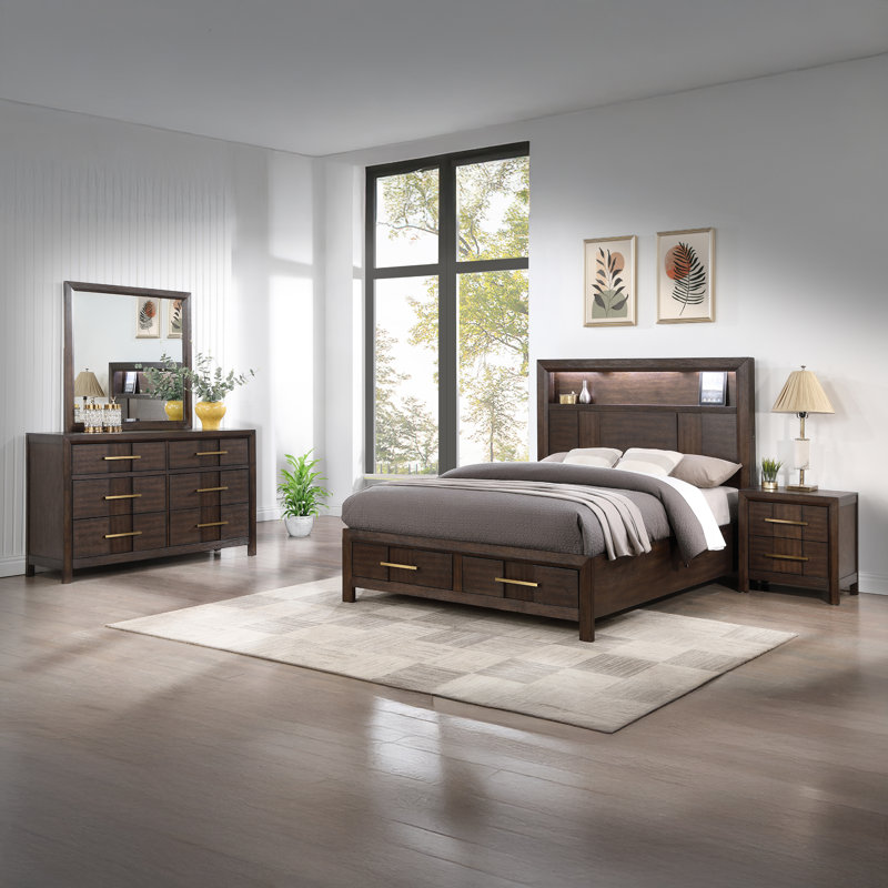 Ensemble de chambre à coucher Adryan, Grand lit, Brun, 4 Pcs: Bed, Dresser, Nightstand, Mirror