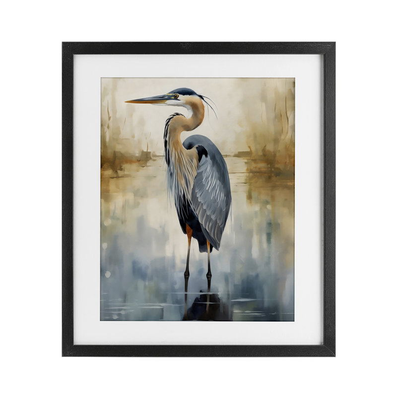 «Peaceful Heron over Abstract», reproduction encadrée sous verre, design par LSR Design Studio, H 16 po x l 13 po