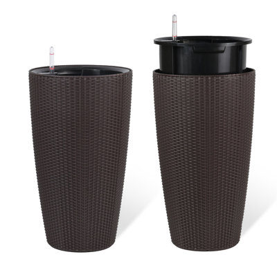Set Of 2 Faux Rattan Tall Planters Outdoor Indoor Large Planters With Water Level Monitor Inner Bucket, Automatic Watering, Flower Plant Pots For Garden, Patio, Porch, Backyard (Brown, 22 Inch )