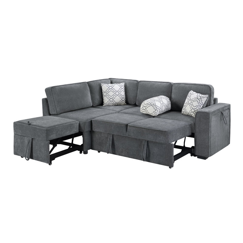 Lit multifonctionnel en forme de L 83,9 po avec deux, table rabattable, rangement pour accoudoirs et coussins décoratifs carrés douillets convertibles gris foncé, table Smart