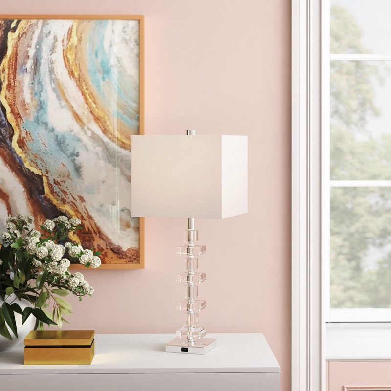White Crystal and Chrome Art Deco Table Lamp Set with USB Port