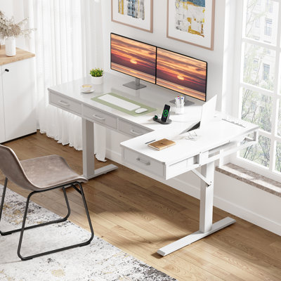 Electric Standing Desk With 4 Under-desk Drawers, Height-adjustable Desk With Built-in Power Outlets,standing Desk With Reversible Structure,home Office Desk With Hidden Desk-mounted Cable Management Tray