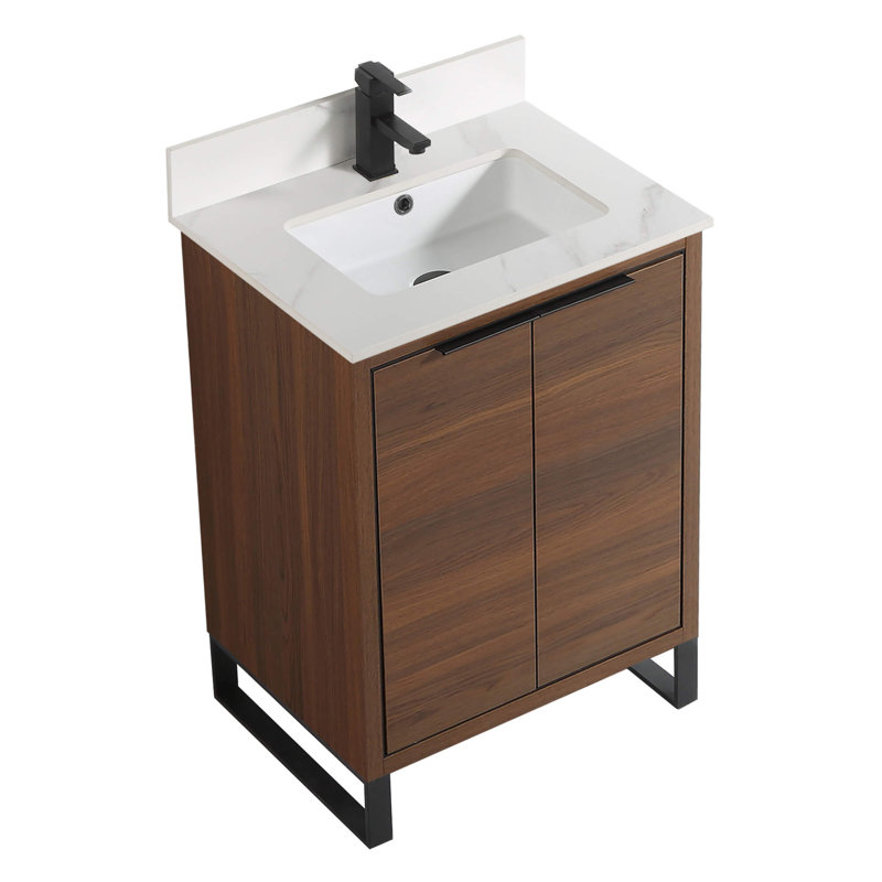 Minday 24'' Single Bathroom Vanity with Stone Top, Matte Black, Walnut Ebony