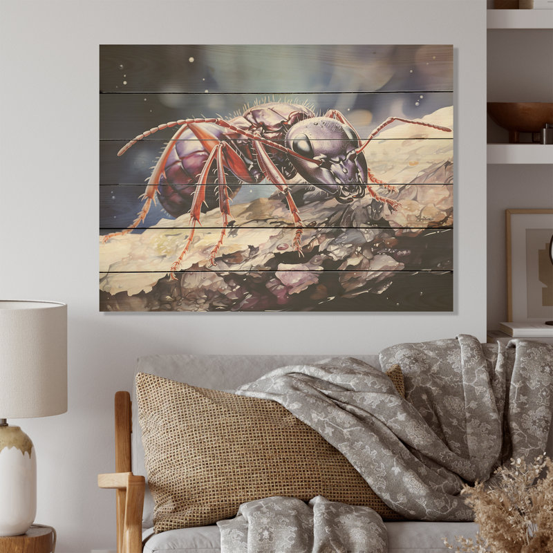 Enchanted Microcosm Amethyst Ant - Art mural en bois de fourmis sur bois de pin naturel, H 30 po x l 40 po
