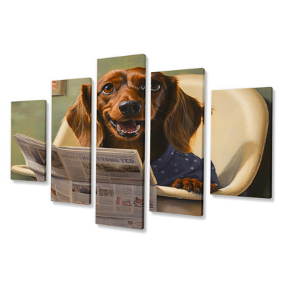 Chien lisant un journal sur la toilette V - animaux, impression sur toile - 5 panneaux